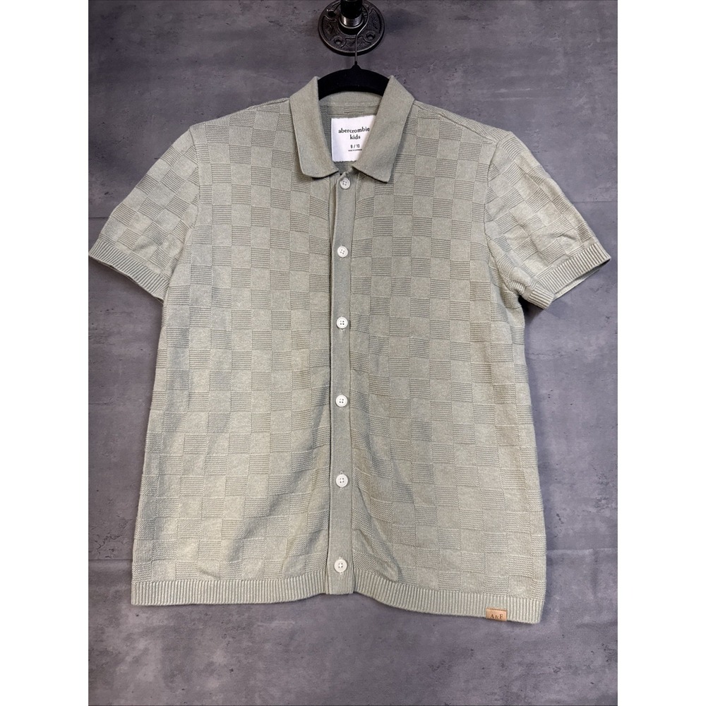 abercrombie kids Swolo Johnny Collar Sweater Polo Checkered Knit Sage Green 9/10